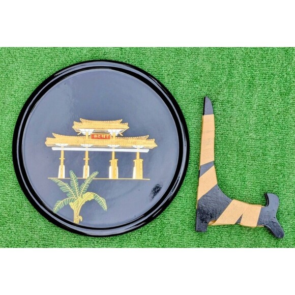 VTG Japanese Kuniyoshi Lacquerware Gate/Temple/Shrine Large Platter 14" Tray NOS - Picture 2 of 6